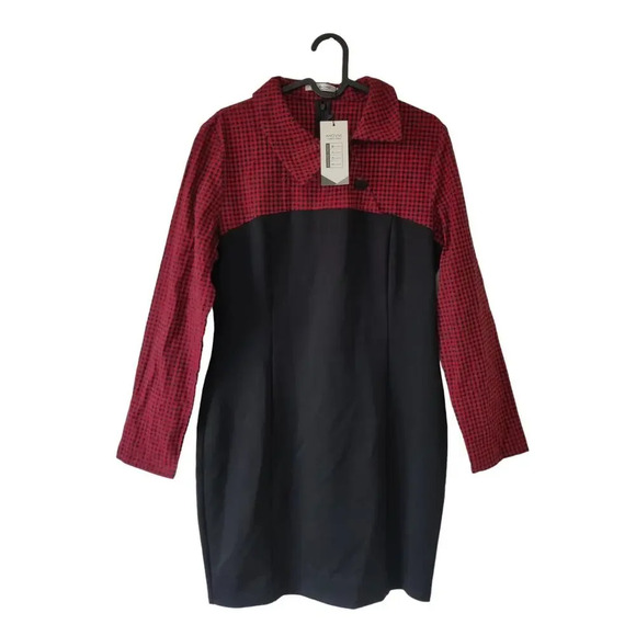 Red & Black Plaid Checkered  Mini Dress Long Sleeve Sz L Bodycon Mix Media - Picture 1 of 8